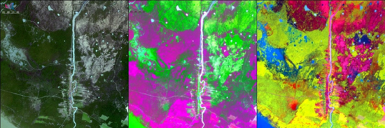 图示为普通相机（左）高分一号（中）与高分六号（右）对同一地区合成的图片，高分六号拥有更高的地物区分度（图片来源：科普中国）