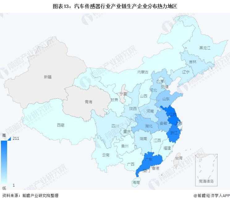 图表13:汽车传感器行业产业链生产企业分布热力地区