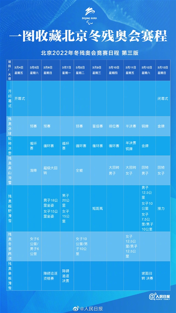 北京冬残奥会赛程表出炉
