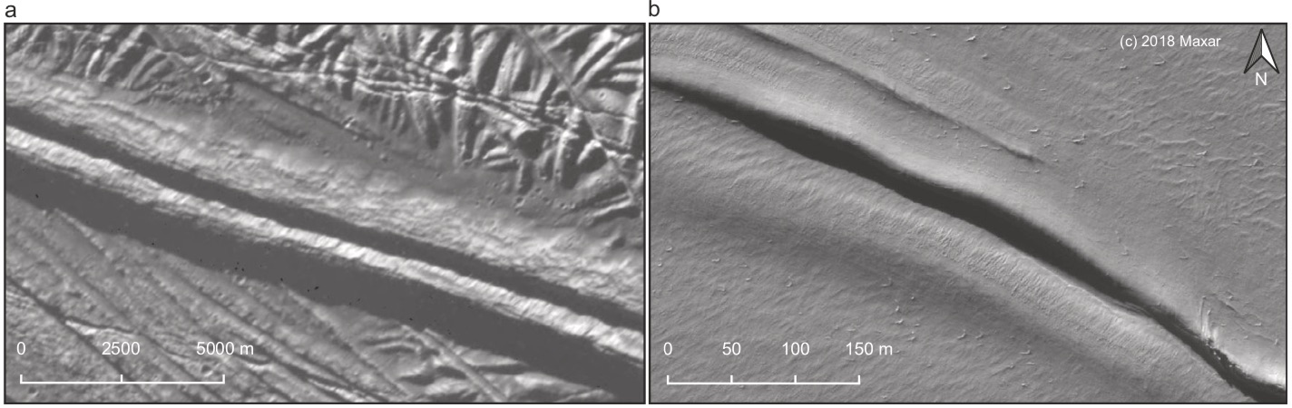 木卫二和地球上双脊表面图像比较。