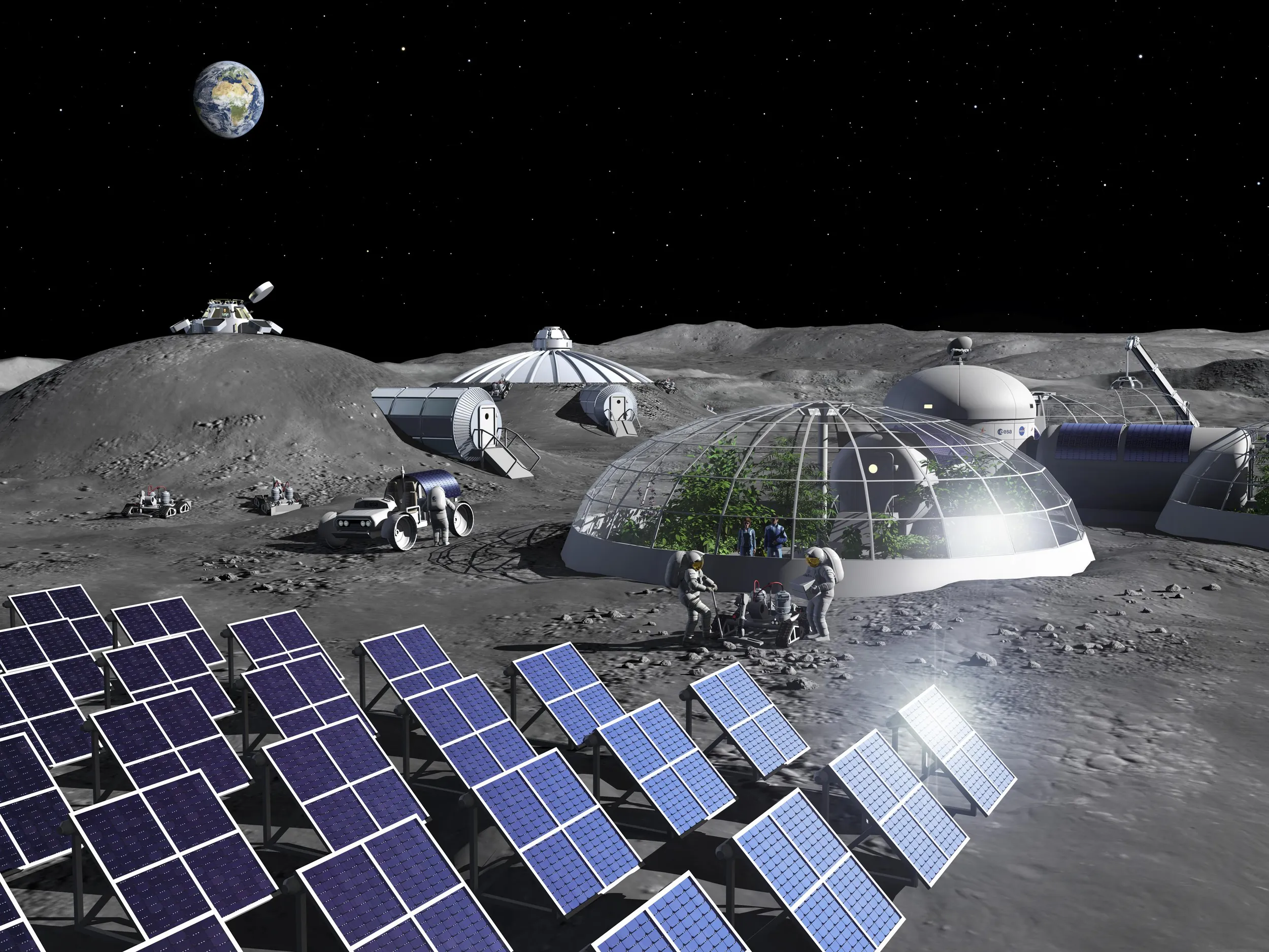 a-rendering-of-a-lunar-base-in-the-foreground-are-rows-of-solar-panels-and-behind-them-are-two-astronauts-standing-in-front-of-a-glass-dome-with-plants-inside.webp